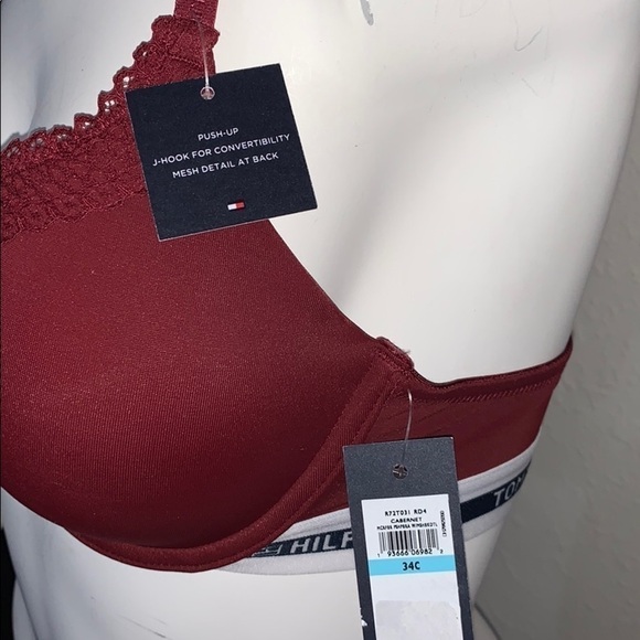 TOMMY HILFIGER LOGO SEAMLESS LACE TRIM PUSH-UP CONVERTIBLE BRA CABERNET 34C - Picture 7 of 8
